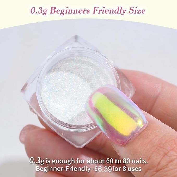 Pretty Diva 0.3g Unicorn Chrome Nail Powder, Aurora Iridescent Chrome Powders for Nails, Mermaid Chrome Powder for Gel Nails Chrome Mica Powder Manicure Pigment (Aurora, 0.3g)