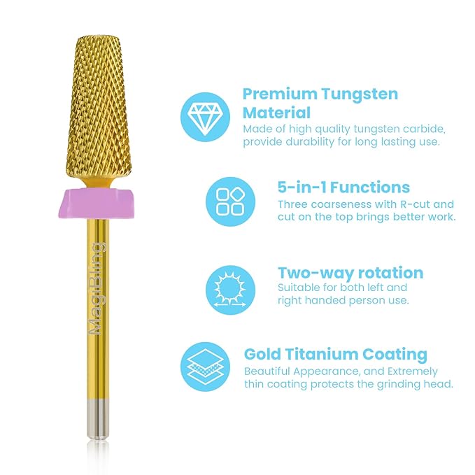 6.6mm Large Tapered Barrel 5-in-1 Nail Drill Bit, 3/32" Cross-Cut Safety Tungsten Carbide Efile Bit for Fast Gel & Acrylic Removal, Two-Way Rotation, Nail Tech & Beginner Bit, Titanium, Double Fine