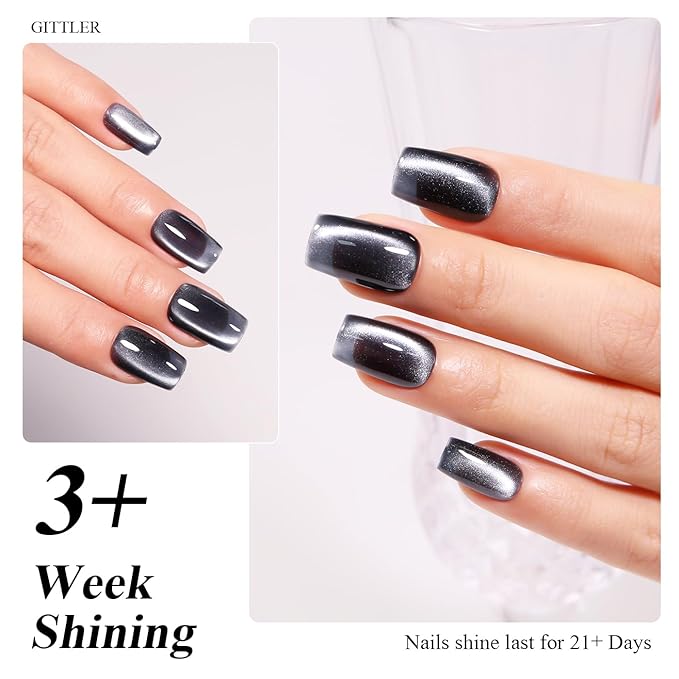 Imtiti Cat Eye Gel Nail Polish, 15ml Black Crystal Glitter Cat Eye Gel Polish With Magnet Dark Gray Magnetic Holographic Galaxy Sparkly Soak Off UV Led Manicure
