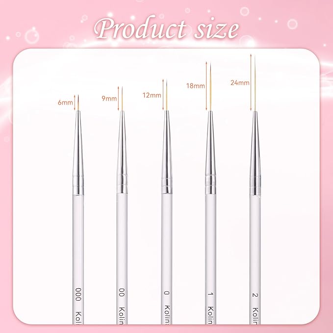 5Pcs Nail Art Liner Brushes Set, Manicure Brush Fine Drawing Thin Lines Painting Details Striping Design For Gel Polish Dotting Pen Transparent Handle Home DIY, 6/9/12/18/24mm