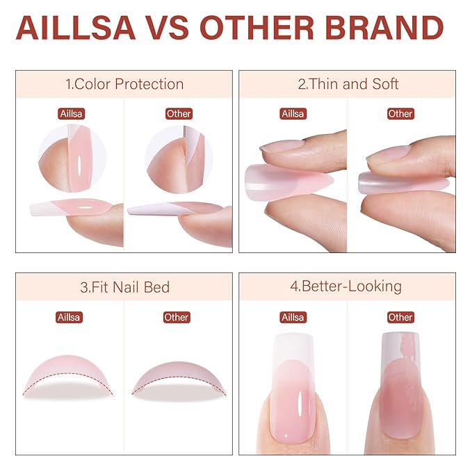 AILLSA French Gel Nail Tips, 180 Pcs Pink French Tip Press On Nails Long Square, Pre-Applied Primer & Base Coat, No Need File, Fake Nails with Designs DIY for Women Gift 15 Sizes