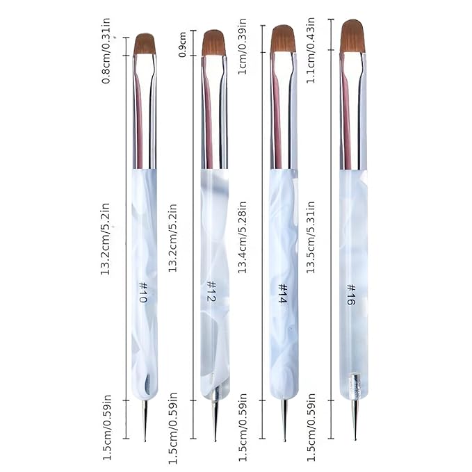4Pcs French Tip Brush, Double-Ended French Brushes for Nails with Dotting Tool, Clean Up Brush for Gel Nail Polish, Size 10/12/14/16, Acrylic Nail Art Brushes, Manicure Tools for Nail Design-Silver
