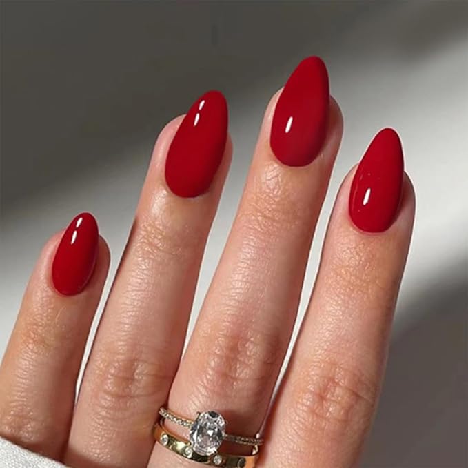 Red Press on Nails Short Almond Fake Nails Press ons Acrylic False Nails Acrylic Glue on Nails Artificial Stick on Nails for Women Christmas Halloween Valentines Nails Decorations 24 Pcs