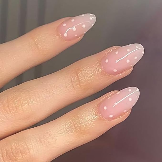 Modelones Pink Press on Nails Almond, Polka Dot Short Fake Nails, Reusable Nail Kit with Nail Glue Adhesive Tabs Mini Nail File, Nails Press Ons 32Pcs 16size, Women Girl Gift ﻿