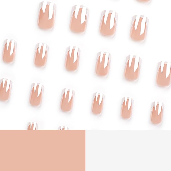 French Tip Press on Nails Short Square Fake Nails Chrome Mirror False Nails Press ons Shiny Nature Glue on Acrylic Nails Glossy Full Cover Stick on Nail for Women Manicure Decoration 24Pcs