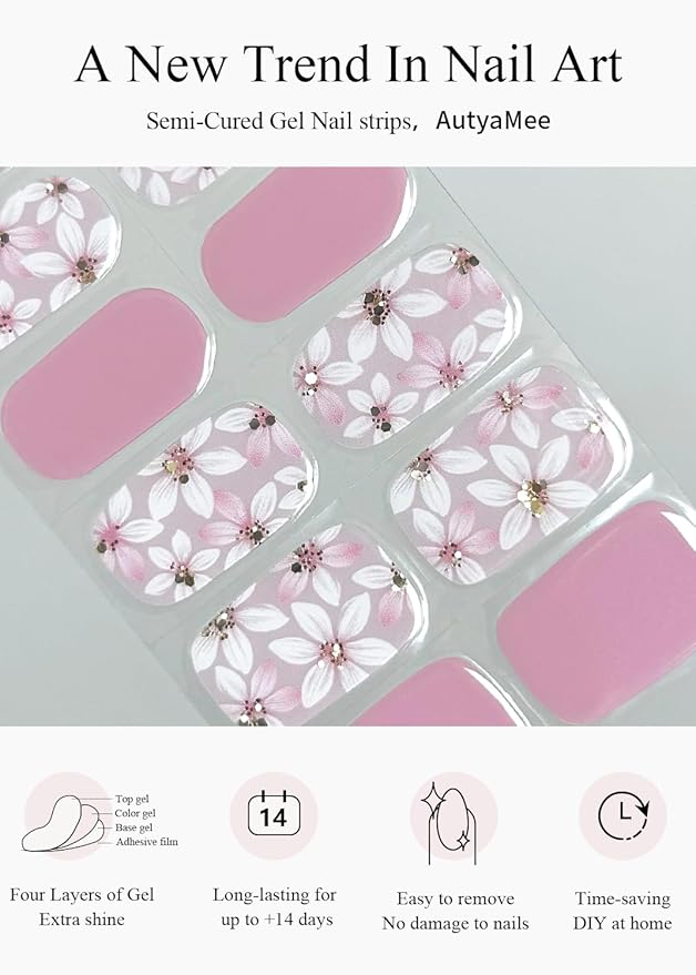 Semi Cured Gel Nail Strips (Violet), Pink Flower, 20 Pcs Gel Nail Wraps, Stickers, Salon Quality, Long Lasting, Works with Any UV Lamps