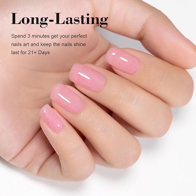 RARJSM Glitter Rubber Base Gel Nail Polish Shimmer Rubber Base for Nails Brush on Quick Extend Builder Hard Gel Soak Off Curing Requires 15ml Salon Home French Manicure(Nude Pink Rainbow)