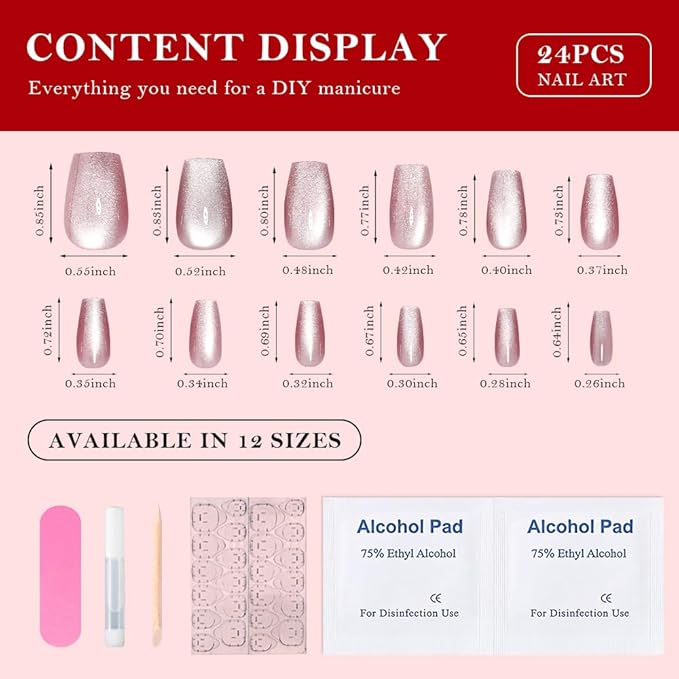 evpct Pink Cat Eye Press on Nails Square Medium Coffin, Medium Square Stick on Nails for Women Gift, Plum Pink Metallic Glitter Glossy Reusable Spring Summer Press on Acrylic Fake Nail with Design