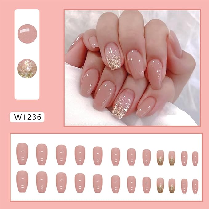 Coffin Press on Nails Medium Fake Nails with Design Gold Glitter Sequins Glossy Glue on Nails Pink Acrylic Full Cover Square False Nails Shiny Artificial Nail for Women Girls Manicure 24Pcs