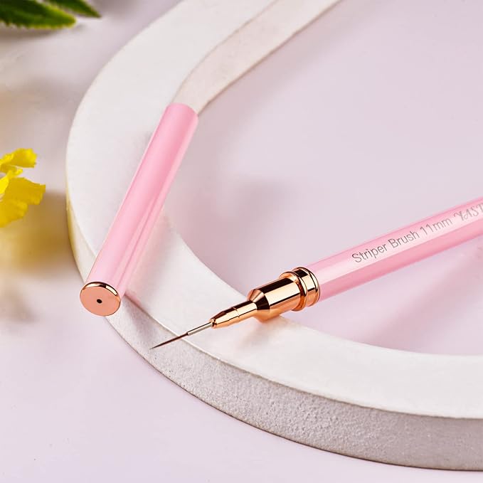 Yasterd Pink Metal Handle Nail Art Brushes, 6pcs Striper Set for Long Lines, Thin Details, Fine Drawing, Delicate Coloring, Elongated Lines, Sizes 5/7/9/11/15/25mm