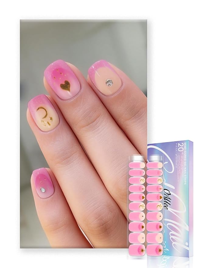 Semi Cured Gel Nail Strips | Built-In Gel Top Coat | UV Light Required | Salon Quality, Easy Application And Removal (Pink Elegance）