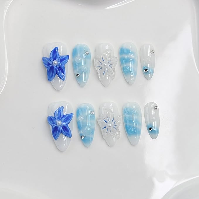 Medium Almond Press on Nails Handmade Nail Thick Fake Nails with Glue,Milky White False Nails with 3D Blue Flower Art Design Rhinestone Nature Acrylic Nails for Wome (Size M)