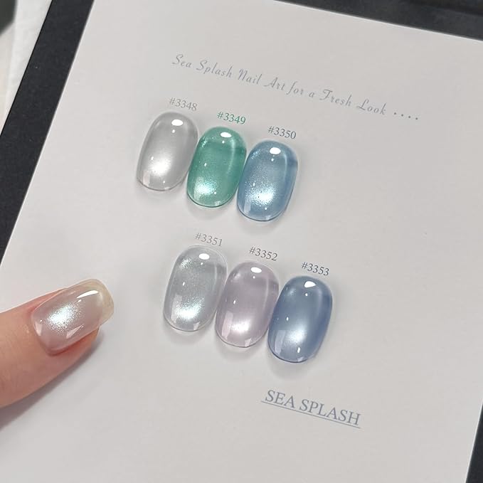 GAOY Cat Eye Gel Nail Polish Set with Magnet, 6Pcs Silver Blue Green Icy Summer Holographic Cat Eye, Reflective Translucent UV Gel, Sea Splash