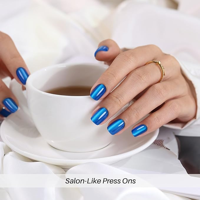 Blue Cat Eye Press on Nails Square - SHANGMENG Soft Gel Press on Nails Short for Women Gift, Fit Perfectly & Natural Stick on Nails with Glue in 16 Sizes - 32 Reusable Fake Nails, Royal Blue