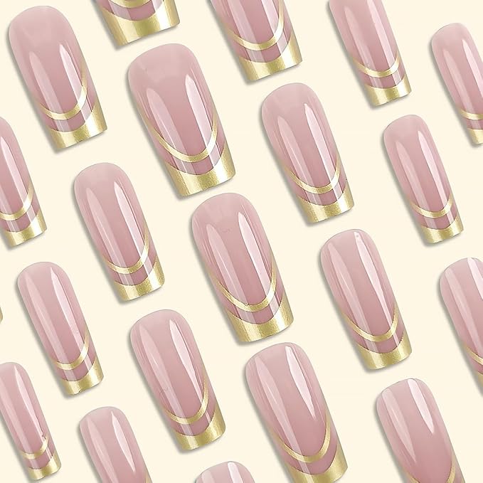 24Pcs Gold French Tip Press on Nails Medium Square Fake Nails with Gilding Line Design Nude Pink Full Cover Artificial Glue on Nails Glossy False Nails Reusable Exquisite Stick on Nail for Women DIY