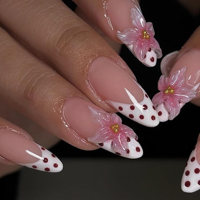 Spring Polka Dot Press on Nails Medium Almond Fake Nails French Tip Nails Press ons with Flower Design,Reusable & Easy Apply Full Cover Stick on Nails for Women Summer Vacation Manicure 24Pcs