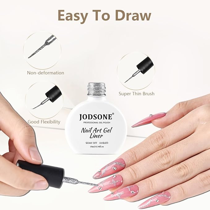 JODSONE Glitter Silver Swirl Nail Art Liner Gel Polish,10ml Classic Color 3D Nail Art Pens Effect Nail Print Design with Thin Brush for French Tips Manicure Painting DIY at Home - LX02