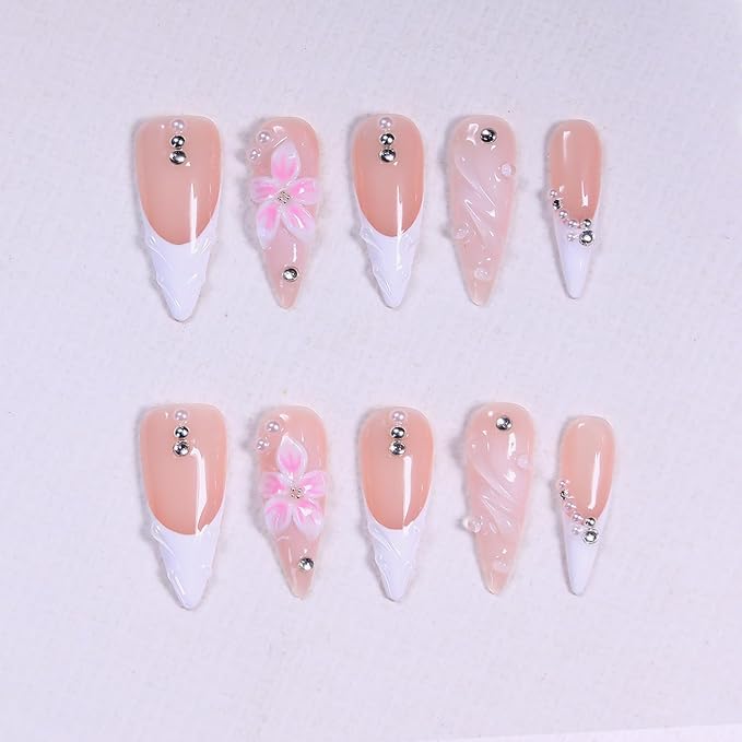 Press On Nails - Handmade 3D False Nails Long Stiletto 10 Pcs Reusable ABS Material Finger Painting Nail Tip French Salon Design Artificial Fingernail for Women (Size S）