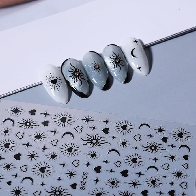 Gold Nail Stickers 5D Embossed Black White Star Nail Decals 3D Self Adhesive Moon Sun Nail Art Stickers Hearts Nails Designs Celestial Nails Supplies for Women DIY Manicure 6 Sheets