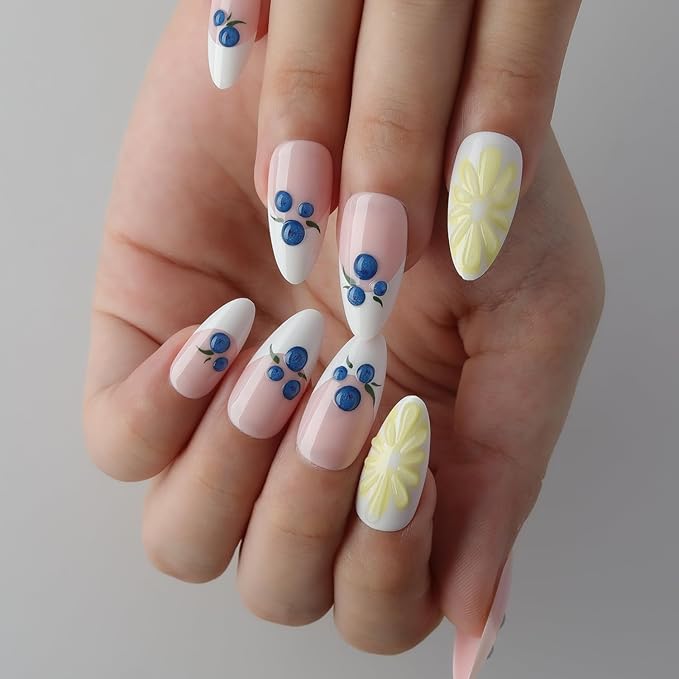 3D Blueberry Flowers Press On Nails Almond Medium, 3D Pattern Designer Reusable Acrylic Nails Press Ons, Fake Nails With Glue On, Daily Wear Floral False Nails For Women