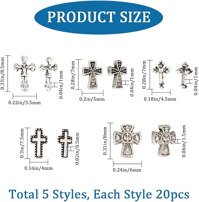 CRASPIRE 100Pcs Cross Nail Charms for Nails Accessories 5 Style Metal Alloy Silver Flat Nail Gems Set Gothic Vintage Punk Studs Decor for Women Nail Art Design Supplies DIY Christmas Decorations Craft