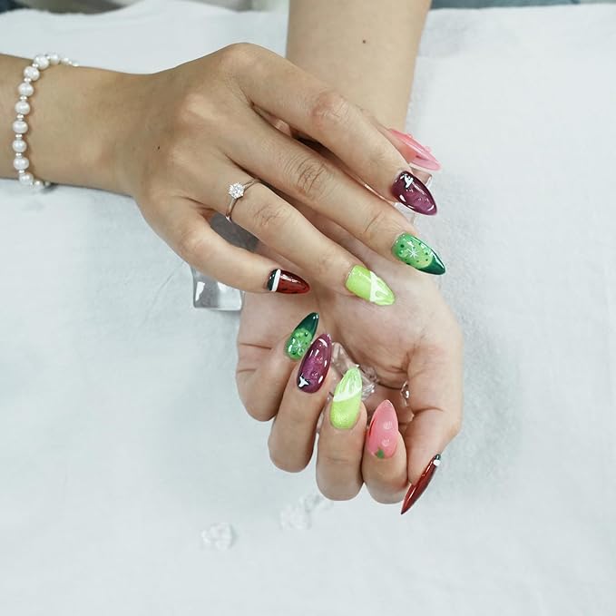 Cat Eye Press on Nails Medium Almond - Fruit Design with Hand-painted Watermelon Lemon & 3D Water Drop Cute Edgy Style, Thick Acrylic and Muti-Layer Gel False Nails for Summer(Fruit Party, M)