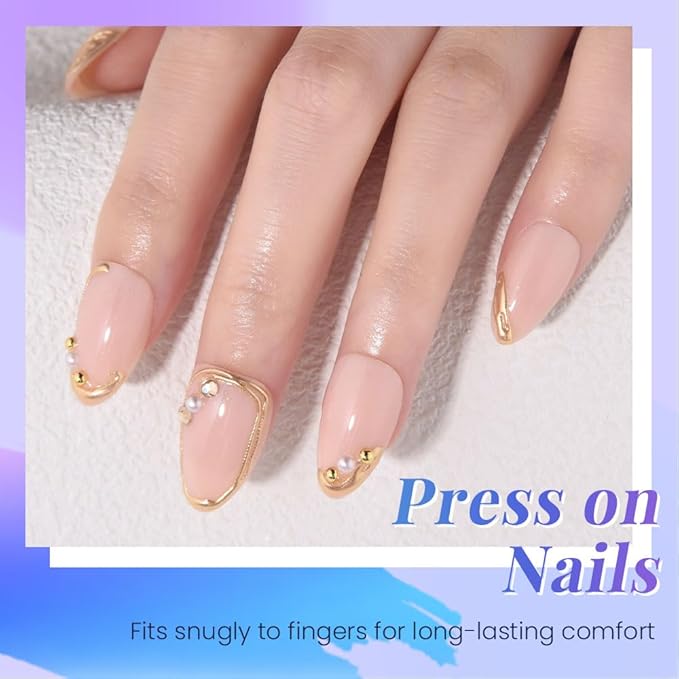 evpct 3D Gold Line French Tip Press on Nails Short Almond, Glitter Light Nude Stick on Nail with 3D Pearl Diamond Designs, Handmade Press on Nails for Women Gift with Kit, Gel Acrylic Fake Nail