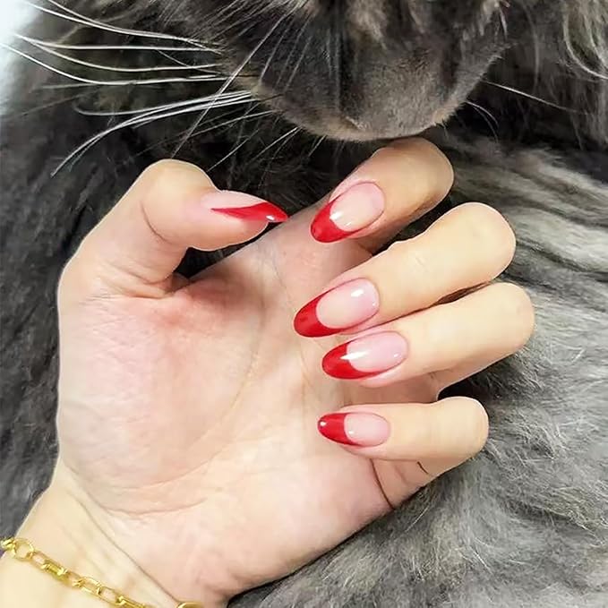 30Pcs Almond Press On Nails - Supremely Fit & Natural Soft Gel Almond Nails,15 Sizes, Reusable Fake Nails Kit with Gift Box for Women (Red Frech)