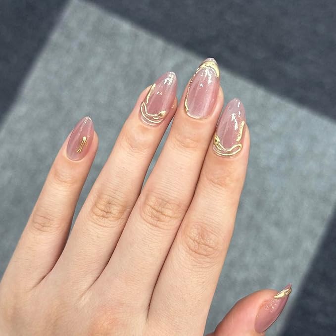 Pink Cat Eye Press on Nails Short Almond, Acrylic Fake Nails with 3D French Tip Gold Line Design, Reusable Glue-On Stick for Cute Pink Nails for Women