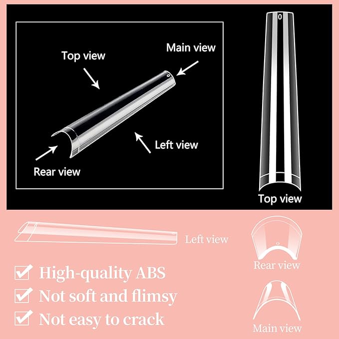 3XL NO C Curve Coffin Nail Tips for Acrylic Nails Professional, 504PCS Clear Extra Long Tapered Square Nail Tip, 12 Sizes Straight Press On Gel Nail Tips for Nail Salons Home DIY