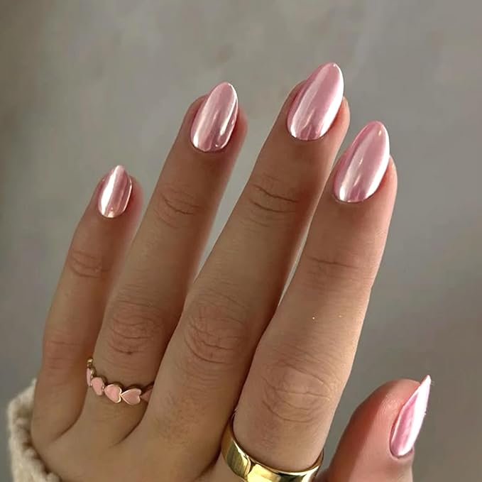 Chrome Press On Nails Short Square, Pink Fake Nails, Glossy Soft Gel Press On Nails with Chrome Design, Natural Reusable Glue On Nails Kit for Women, Stick On Nails for Daily Wear, 24 Pcs