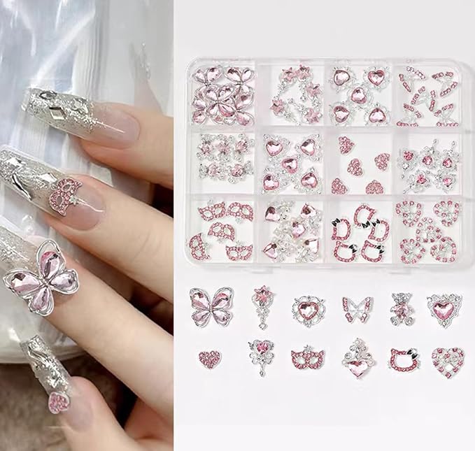 60 Pcs Heart Nail Charms, Rhinestone Pink Butterflies Nail Art Gems, Star Heart Butterfly Charms Decorations Sailor Moon Acrylic Nail Accessories for Women DIY Crafts 1
