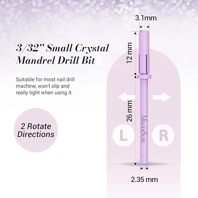 MelodySusie Small Crystal Top 3.1mm Mandrel Bit for Nails, 3/32'' Easy Off Nail Drill Bits for Sanding Bands, Suitable for Acrylic Nails Gel Manicures and Pedicures, Purple