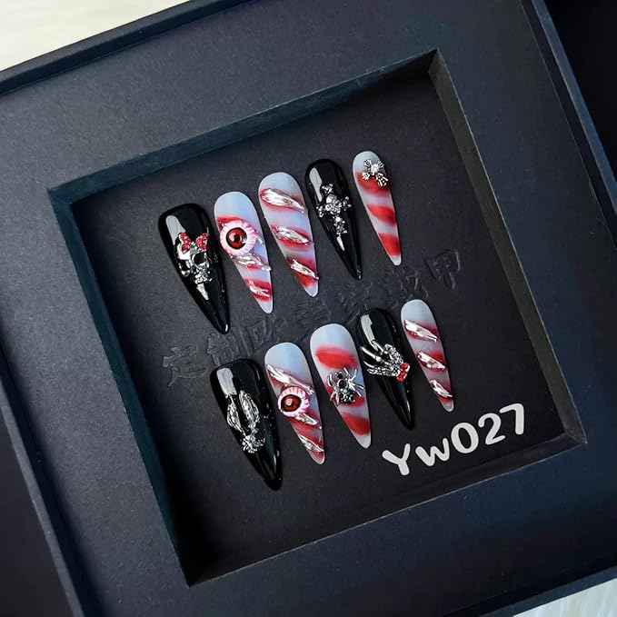 100% 5D Handmade Press on Nails Halloween Nails Balck Long Stiletto Nails Press ons Gothic False Nails with Skeleton Evil Eye Spider Charms Fake Nails for Women Girls Daily Wear DIY Manicure Size M