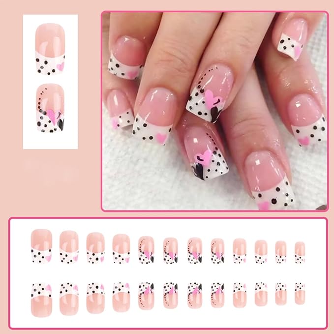 Valentines Day French Tip Press on Nails Short Square Valentine’s Day Nails with Heart Spot Designs Acrylic Fake Nails Glossy Artificial Nails White Nails Tips Glue on Nails for Women Girls 24Pcs