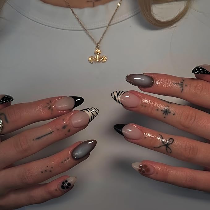 Black French Tip Fake Nails Medium Almond Press on Nails Flower Nails Press Ons Brown Stick on Nail Glossy Full Cover False Nails Acrylic Nude Glue on Nail for Women and Girls Decoration 24Pcs
