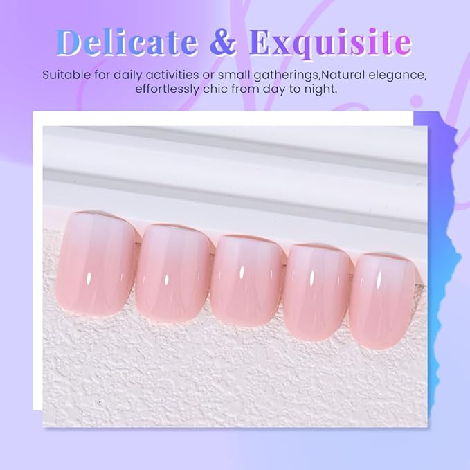 Pink Brown and White Ombre Press on Nails, Short Square Acrylic Fake Nails Design, Natural Reusable Nails Kit for Women DIY False Nail Art Decoration Gift, Salon Quality Reusable