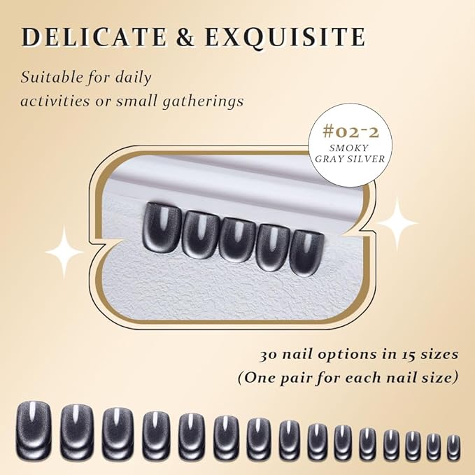 evpct Black Silver Cat Eye Press on Nails Short Square, Short Square Stick on Nails for Women Gift, Silver Grey Gray Metallic Glitter Shimmer Reusable Gel Press on Acrylic Fake Nail with Design