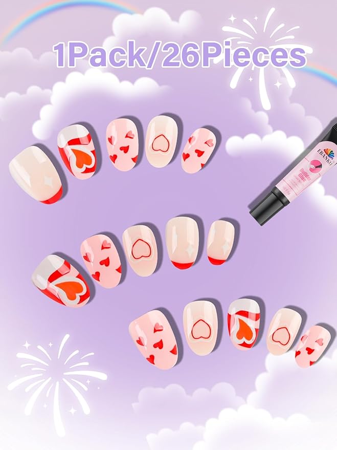 EBANKU 1 Pack Kid Fake Nail Kit, 26 Pieces Press on Nails for Kids Red Heart Press on Nail Short Artificial False Nail Kits for Girls