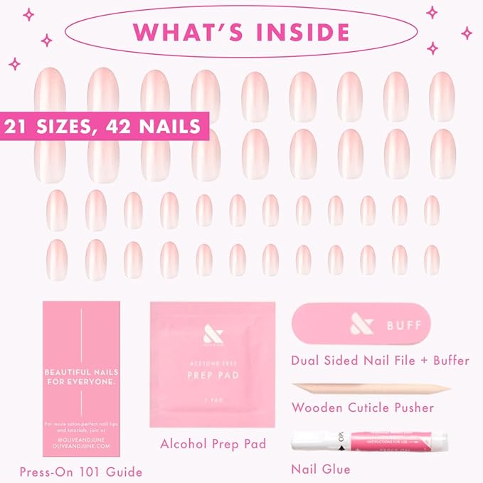 Olive & June Mani Minimalist Instant Press-On Nails (Glue) | 42 Fake Nails, 21 Sizes | Non-Toxic, Long-Lasting Barely-There Look | Spring Flowers & Patterns | Medium, Oval | Rose Gradient Shimmer