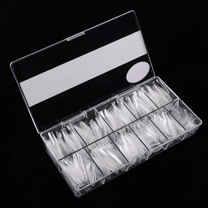 Ballerina False Nail Set - 500pcs Coffin Nails (Clear Full Cover) with Box, Glue, Fork, File & Acrylic Extension Kit