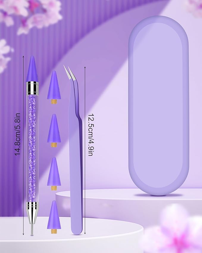 Difenni Rhinestone Picker Tool, Wax Pencil for Rhinestones Tool, Dual-Ended DIY Nail Bedazzling Tools with 4 Extra Purple Replaceable Wax Head and 1 Tweezer(Purple)