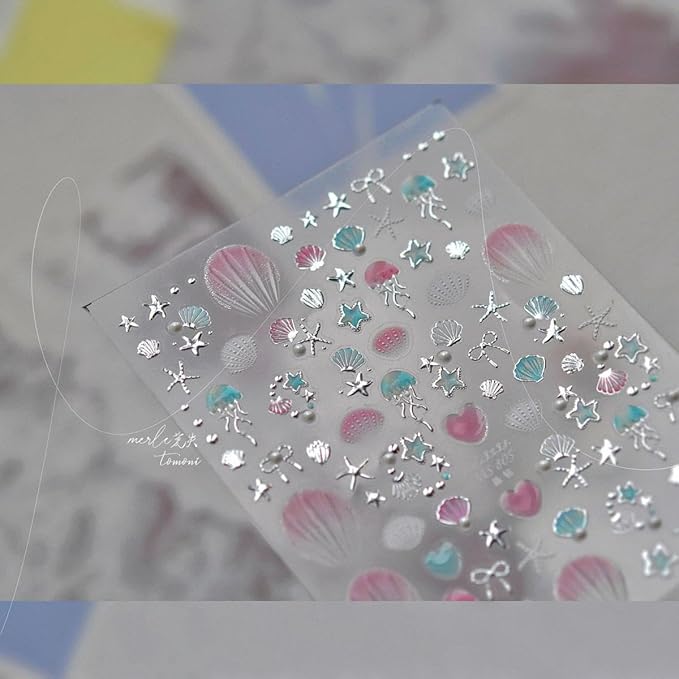 Gold Silver Nail Stickers Ocean Shell Nail Art Decals Star Nail Art Stickers Summer Beach 5D Embossed Self Adhesive Nails Supply for Women Girls Kid Manicure AIY Decoration 2Pcs