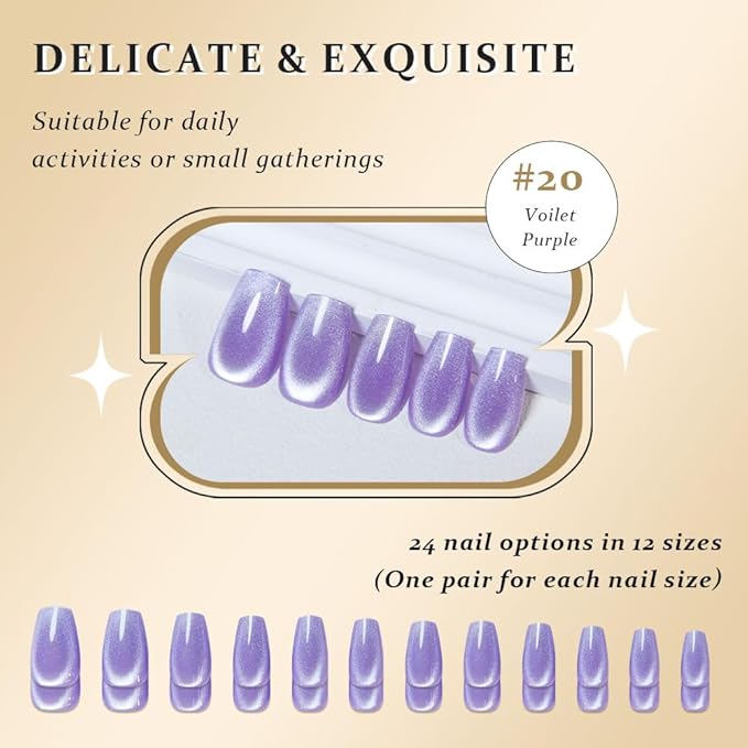evpct Violet Purple Cat Eye Coffin Press on Nails Square Medium, Medium Square Stick on Nail for Women Gift, Purple Metallic Glitter Glossy Reusable Soft Gel Press on Acrylic Fake Nail with Designs