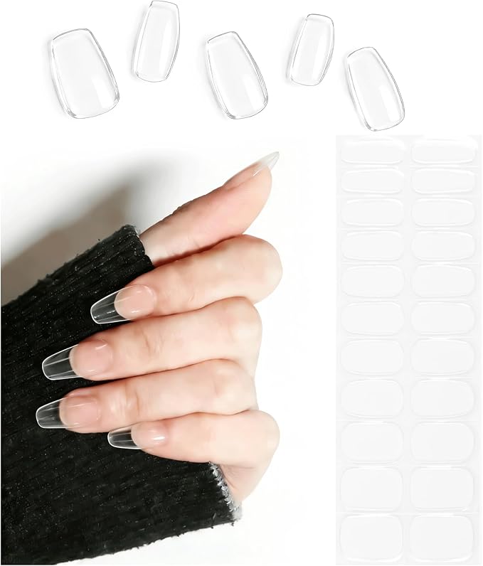 Semi Cured Gel Nail Strips Transparent Gel Nail Stickers with UV/LED Required Long Lasting Clear Semi Cured Gel Nail Strips Includes 22 Strips 2 Prep Pads, Nail File & Wooden Stick