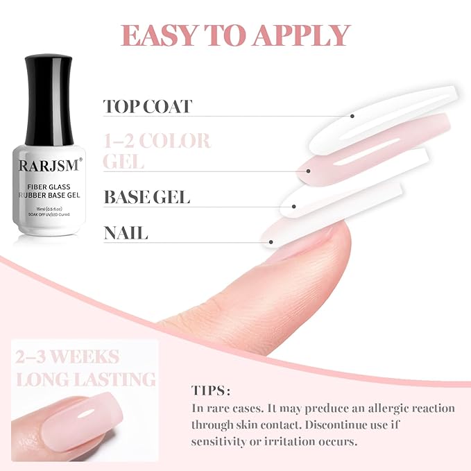 RARJSM Nude Sheer Milky Pale Pink Fiber Glass Rubber Base Gel Nail Polish for Repair Broken Nails StrengthenerGel Base Coat Transparent Brush on Building Gel in a Bottle Soak Off Curing Requires 15ml