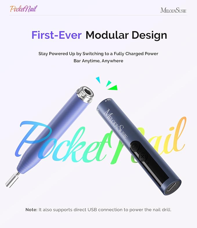 MelodySusie PocketNail Pen-Shaped Cordless Modular Nail Drill, Extended Kit, PC100GR 20000RPM Slim Portable Rechargeable Electric File for Nail Care & Gel Removal at Home for Beginners, Athens Blue