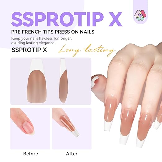 SAVILAND French Tip Press On Nails 160 Pcs: 4X Press On French Tip Nails Pre-Shaped Long Coffin Full Cover Gel Nail Tips Soft Matte Gel Nail Tips for DIY Nail Extensions Nail Art Gifts