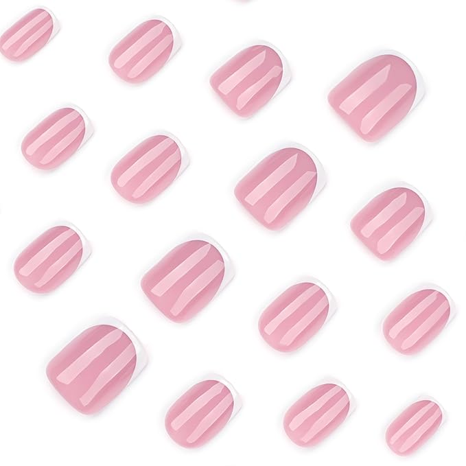 French Tip Press on Nails Short Square Fake Nails Nude Pink Acrylic Nails Glossy Nature Glue on Nails French False Nail Press ons with for Women Manicure Decoration 24Pcs
