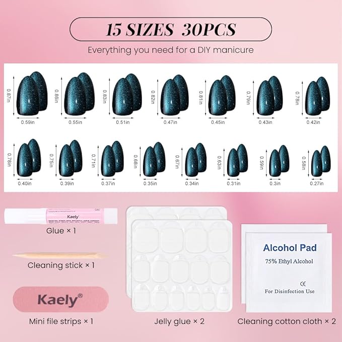 Cat Eye Press on Nails Short Almond, Sapphire Blue & Royal Blue Press on Nails Almond, Fashion Gel Fake Nails, Reusable Acrylic Fake Nails, Glossy Stick on Nails for Women, Glue on Nails Kit.